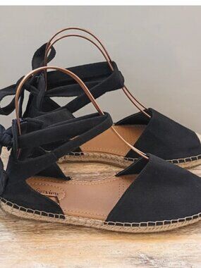 Comfortview Shayla Black Ankle Wrap Espadrille Flats Shoes Womens 10W Boho
